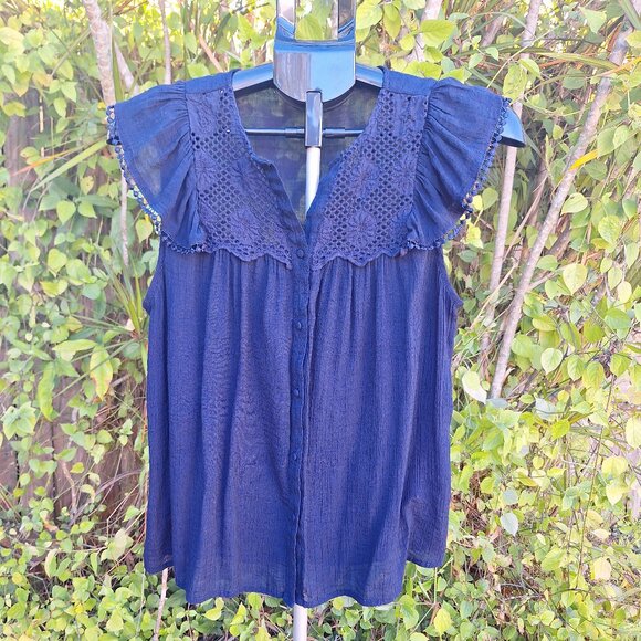 Nanette Lepore Size Large Navy Crochet Sheer Button Up Top Boho Hippie - Picture 1 of 6